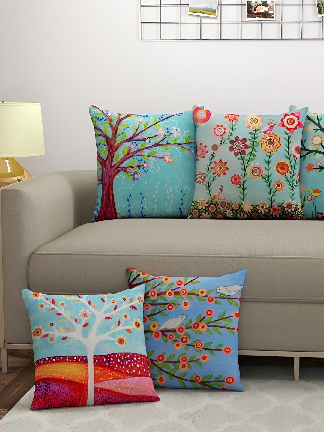 

BIGGER FISH Blue & White 5 Pieces Floral Jute Cotton Square Cushion Covers