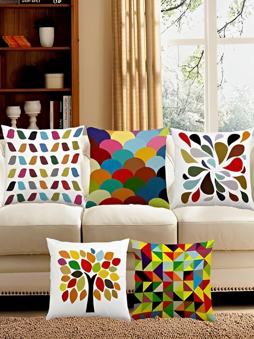 

BIGGER FISH Blue & White 5 Pieces Geometric Jute Cotton Square Cushion Covers