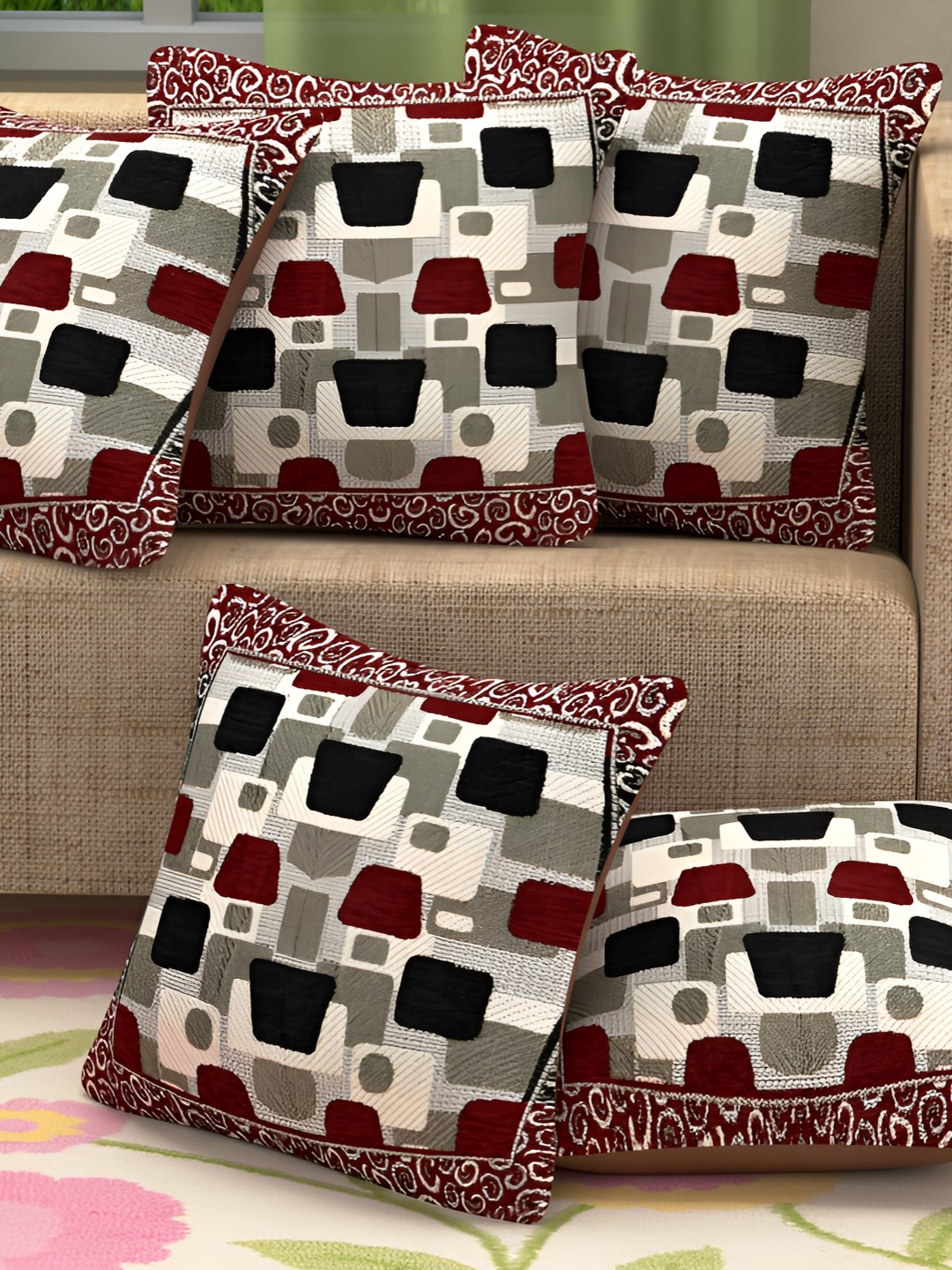 

BIGGER FISH Maroon & Black 5Pcs Geometric Square Cushion Covers