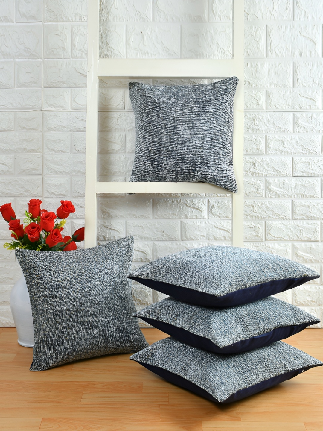 

BIGGER FISH Blue & White 5 Pieces Self Design Cotton Square Cushion Covers