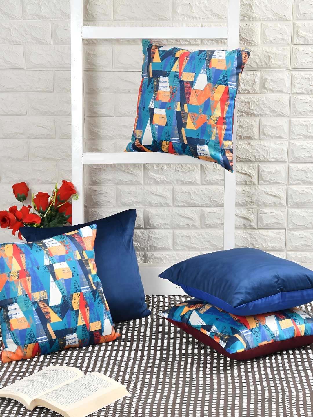 BIGGER FISH Blue & Orange 5Pcs Abstract Velvet Square Cushion Covers