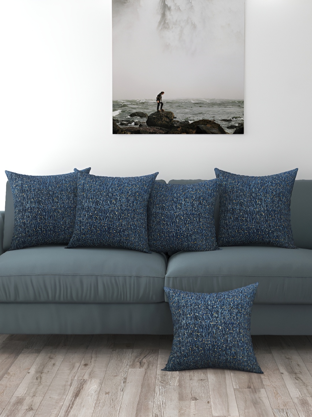 BIGGER FISH Blue 5 Pieces Printed Velvet Square Cushion Covers