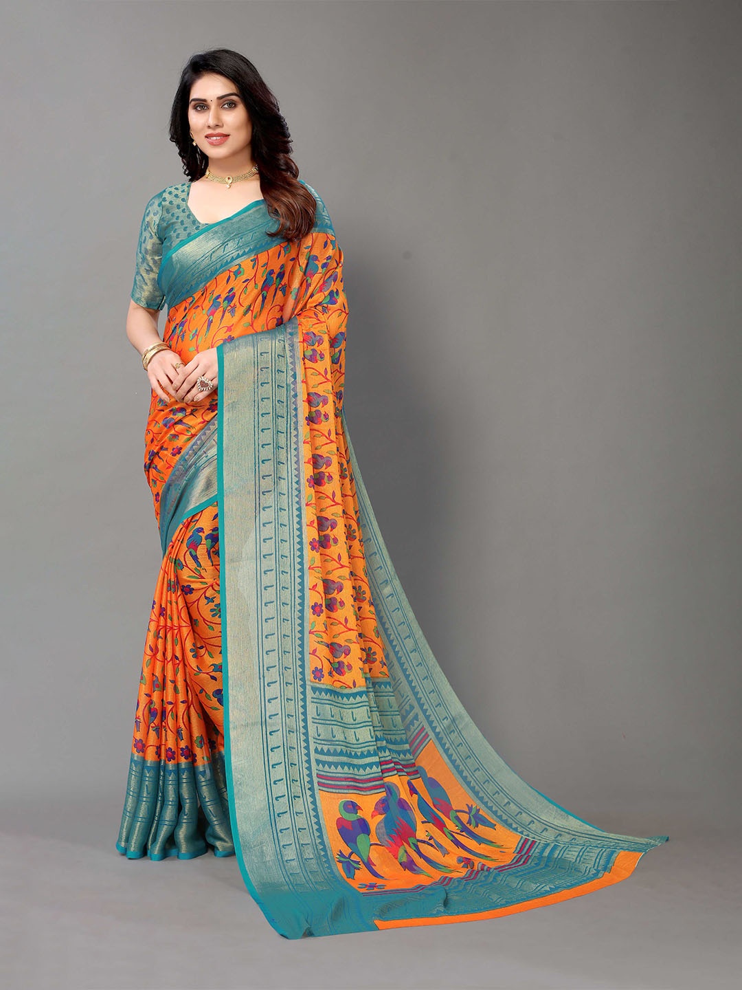 

HALFSAREE STUDIO Ethnic Motifs Zari Saree, Orange