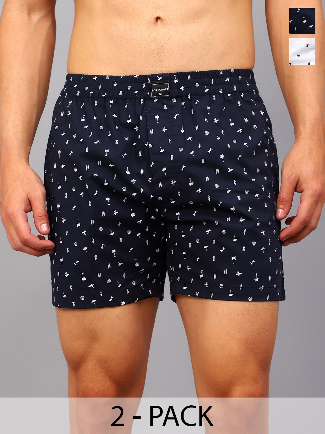 

TOFFCRAFT Pack Of 2 Printed Cotton Boxers BOXR2_WHT_MIDNGHT_M, Navy blue