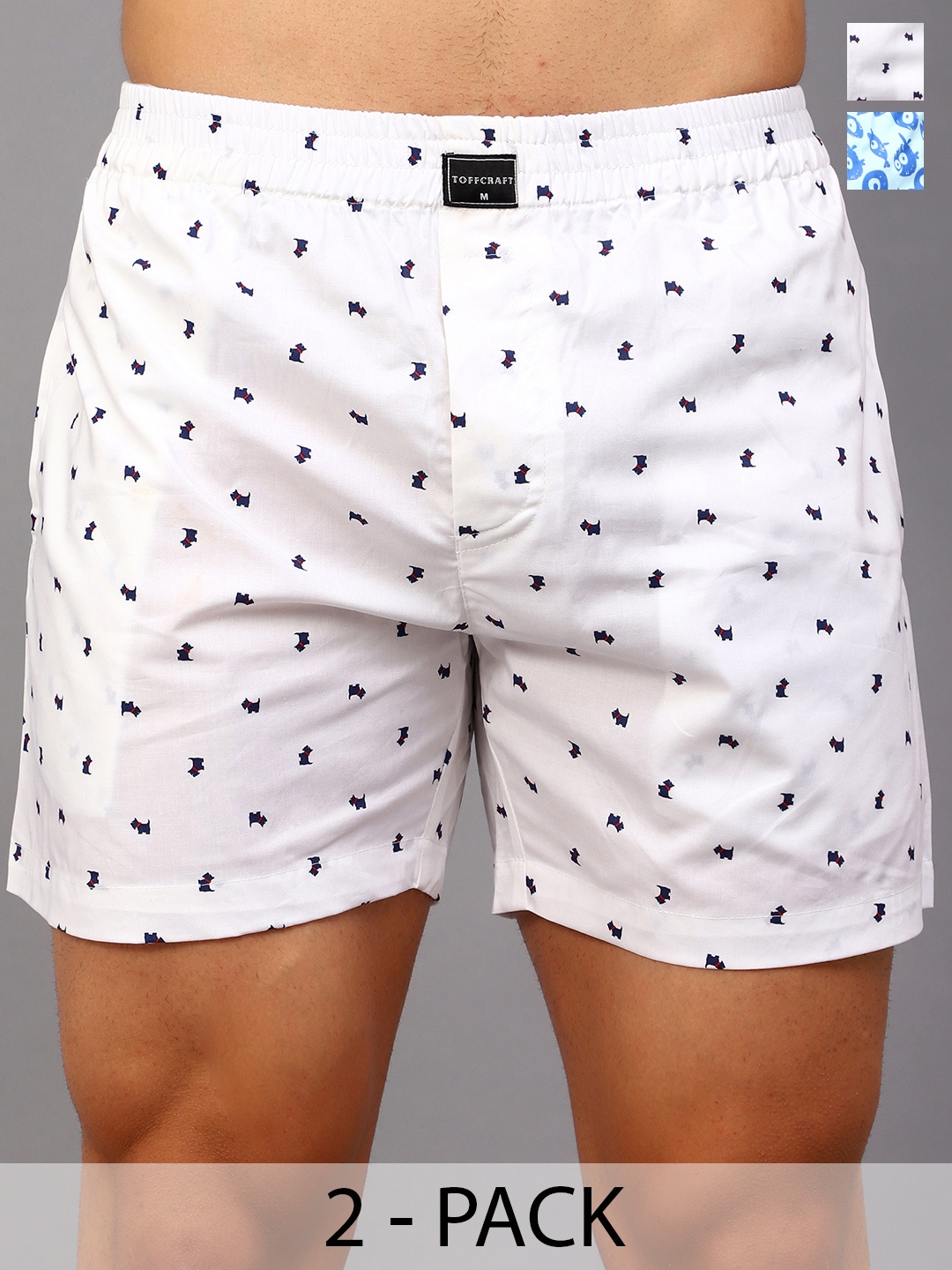 

TOFFCRAFT Pack Of 2 Printed Cotton Boxers BOXR2_WHT_AQUA_M, Blue