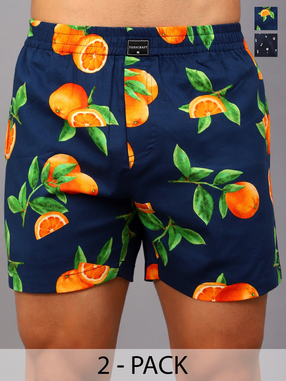

TOFFCRAFT Pack Of 2 Printed Cotton Boxers BOXR2_MIDNGHT_TROPCL_M, Navy blue