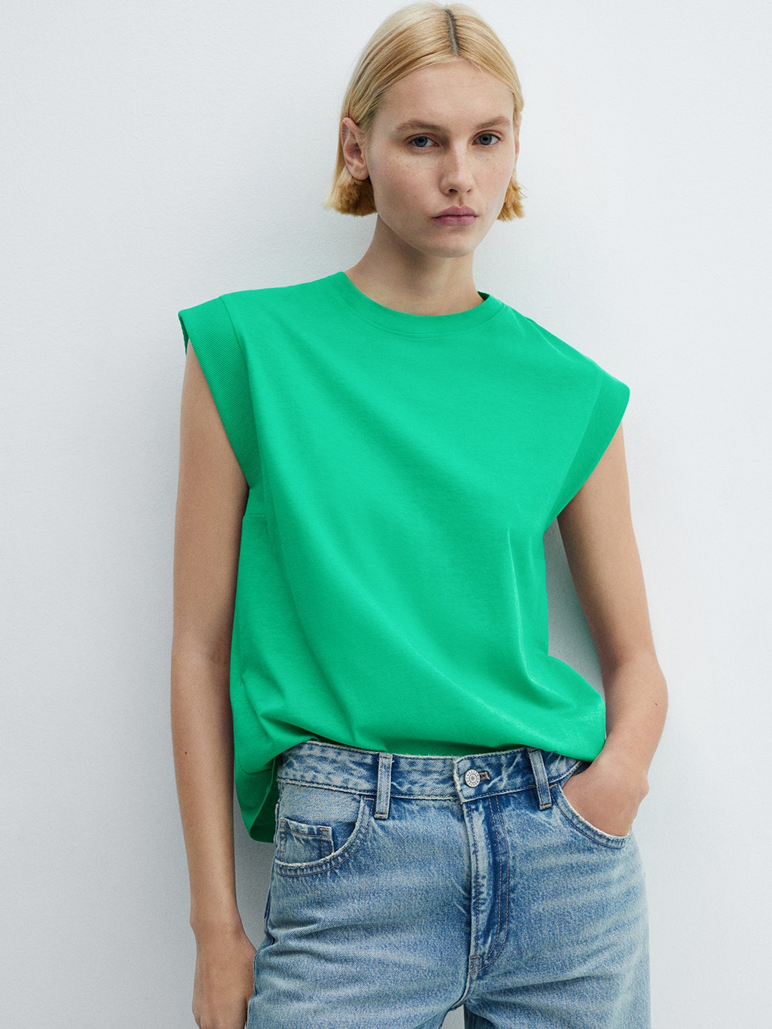 

MANGO Women Extended Sleeves Pure Cotton T-shirt, Green