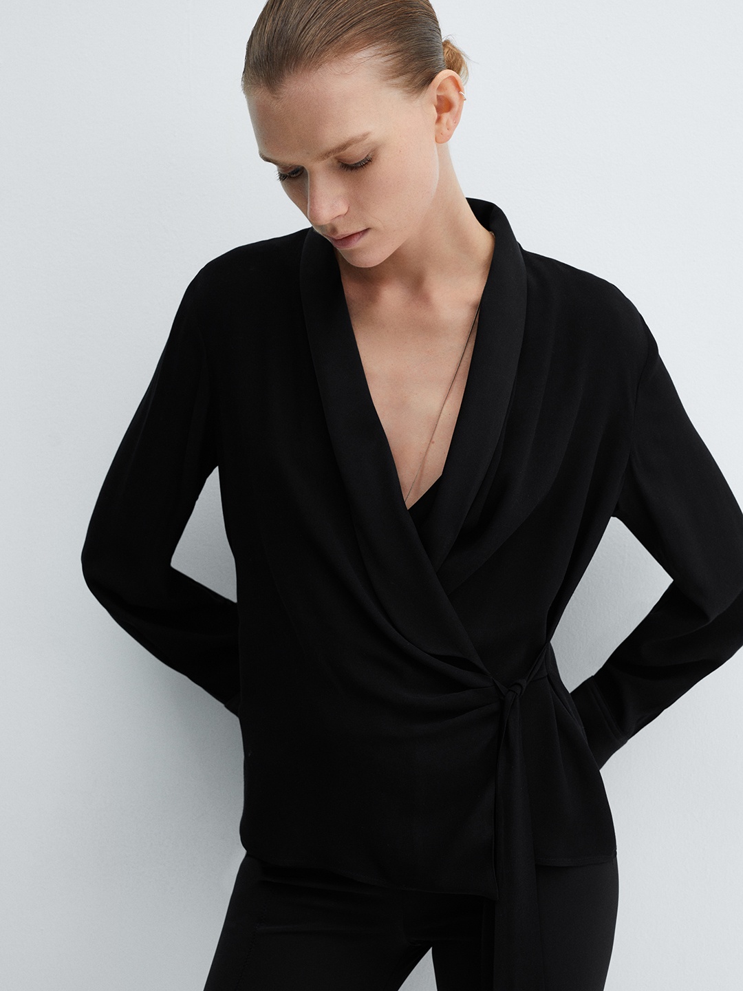 

MANGO Full Sleeves Wrap Top, Black