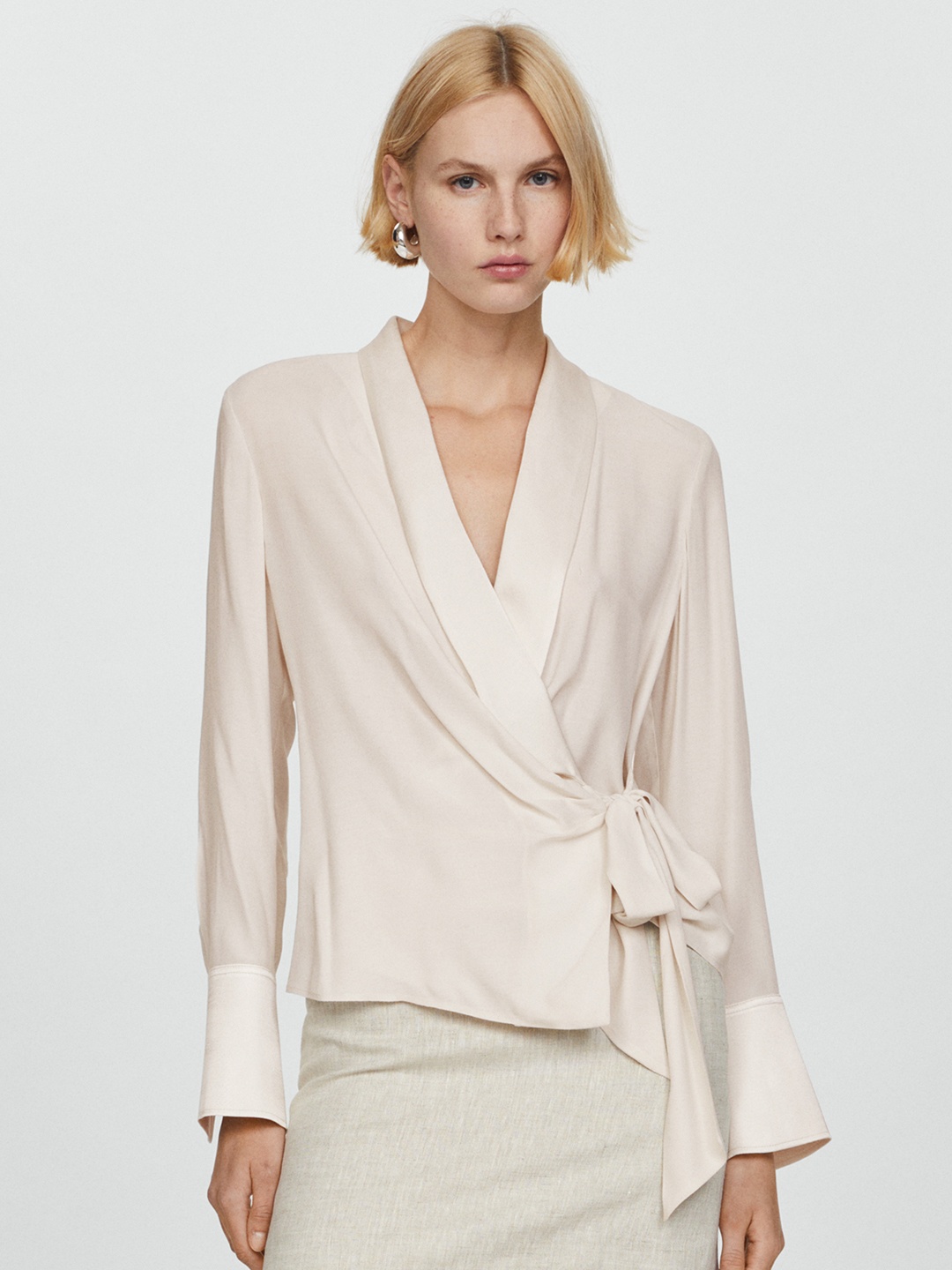 

MANGO Full Sleeves Wrap Top, Off white