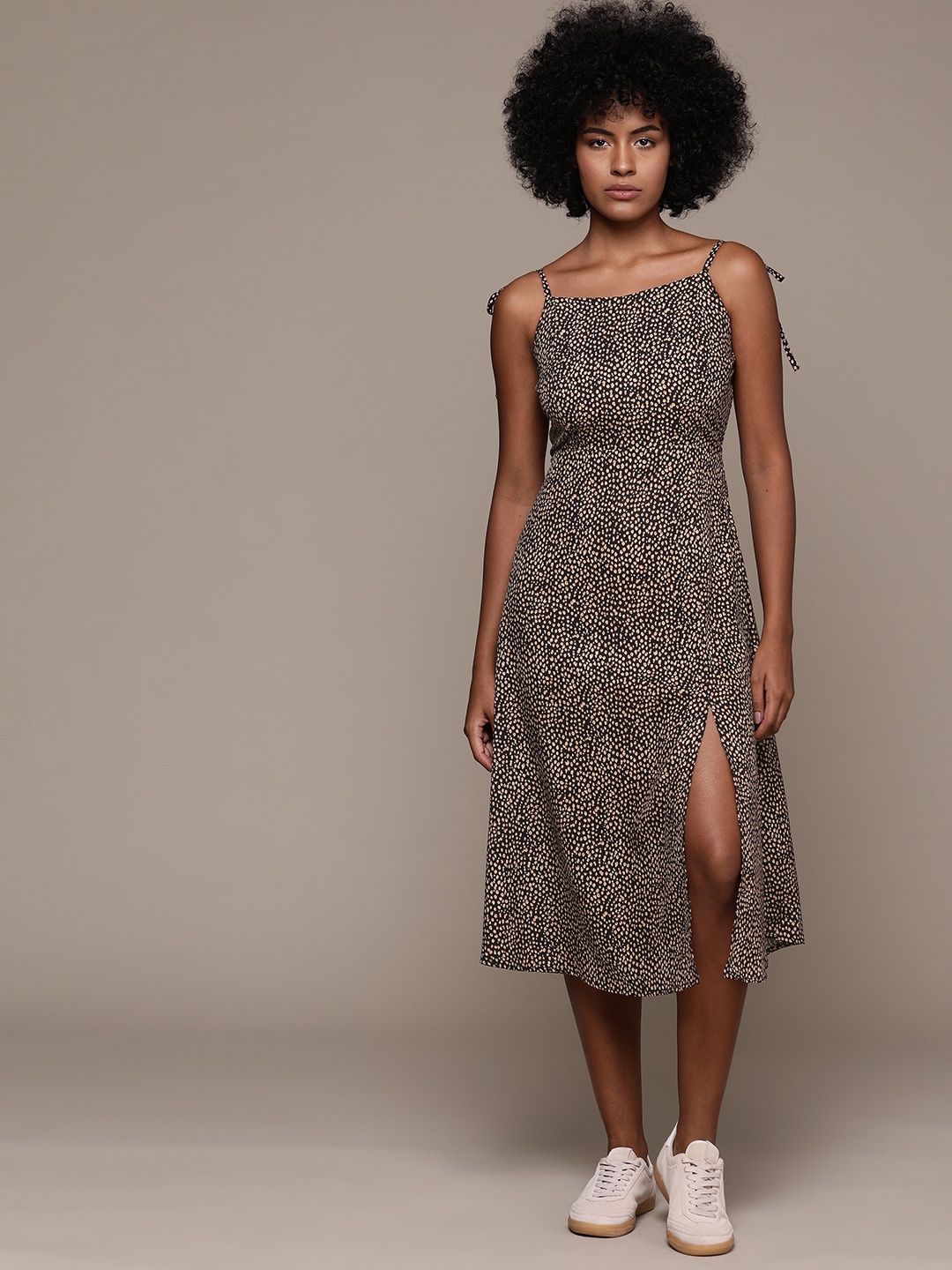 

Roadster Abstract Print Crepe A-Line Midi Dress, Black