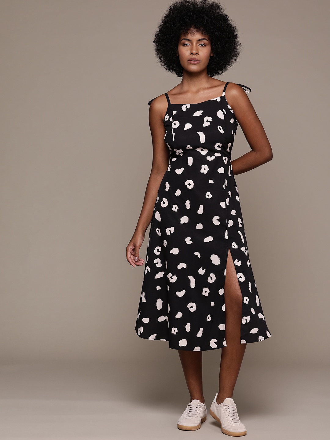 

Roadster Abstract Print Crepe A-Line Midi Dress, Black