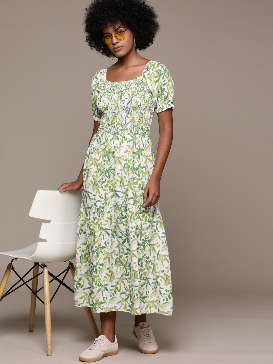 

Roadster Tropical Print Puff Sleeve A-Line Midi Dress, Green