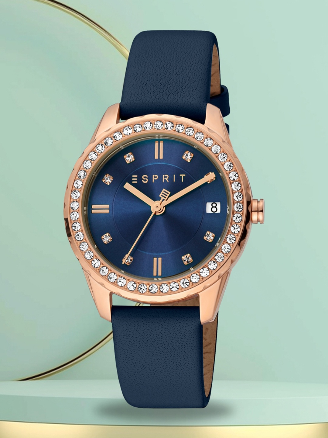 

ESPRIT Women Embellished Dial & Leather Straps Analogue Watch ES1L395L0025, Blue