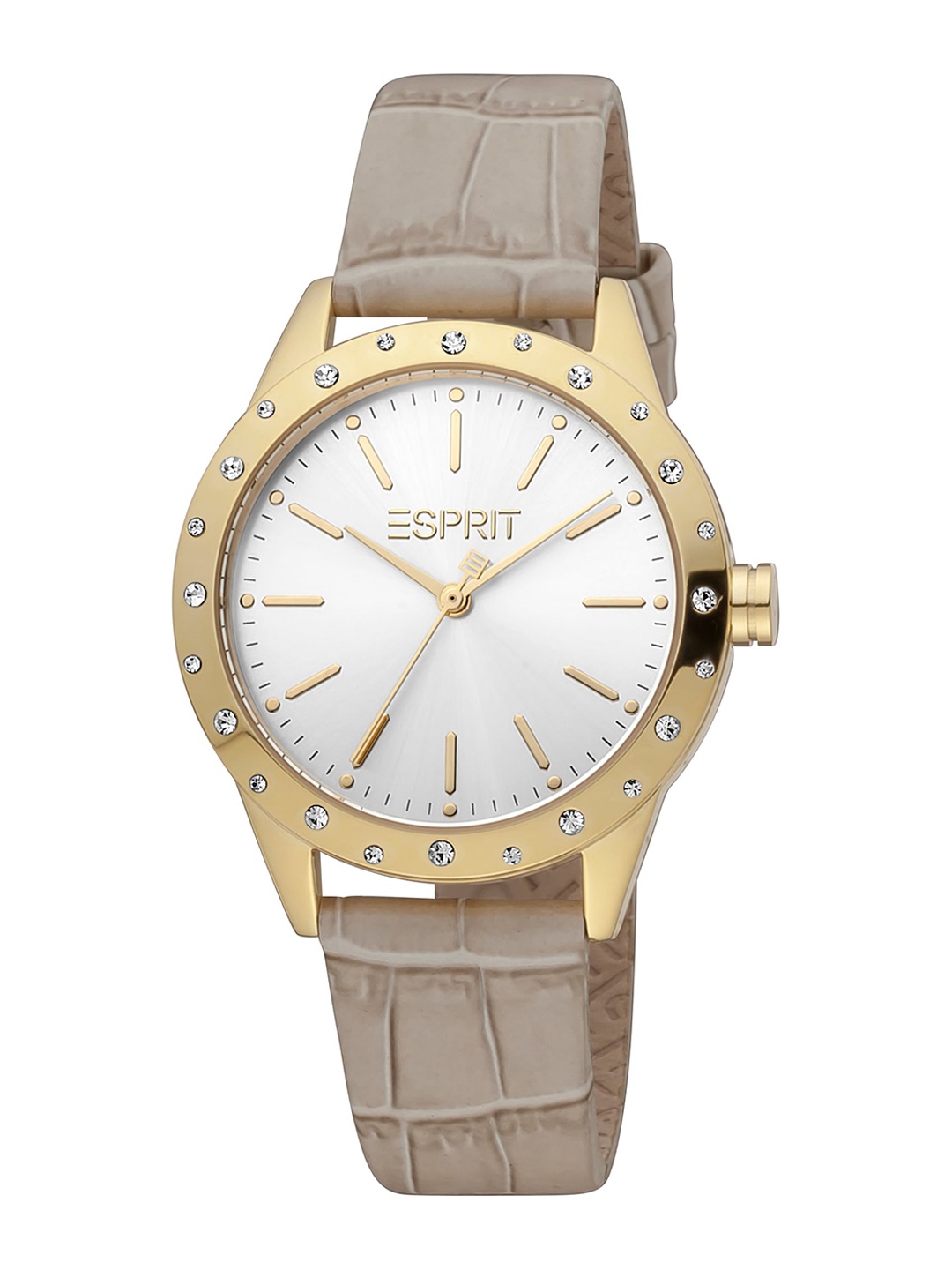 

ESPRIT Women Embellished Dial & Leather Straps Round Analogue Watch ES1L302L0025, Beige