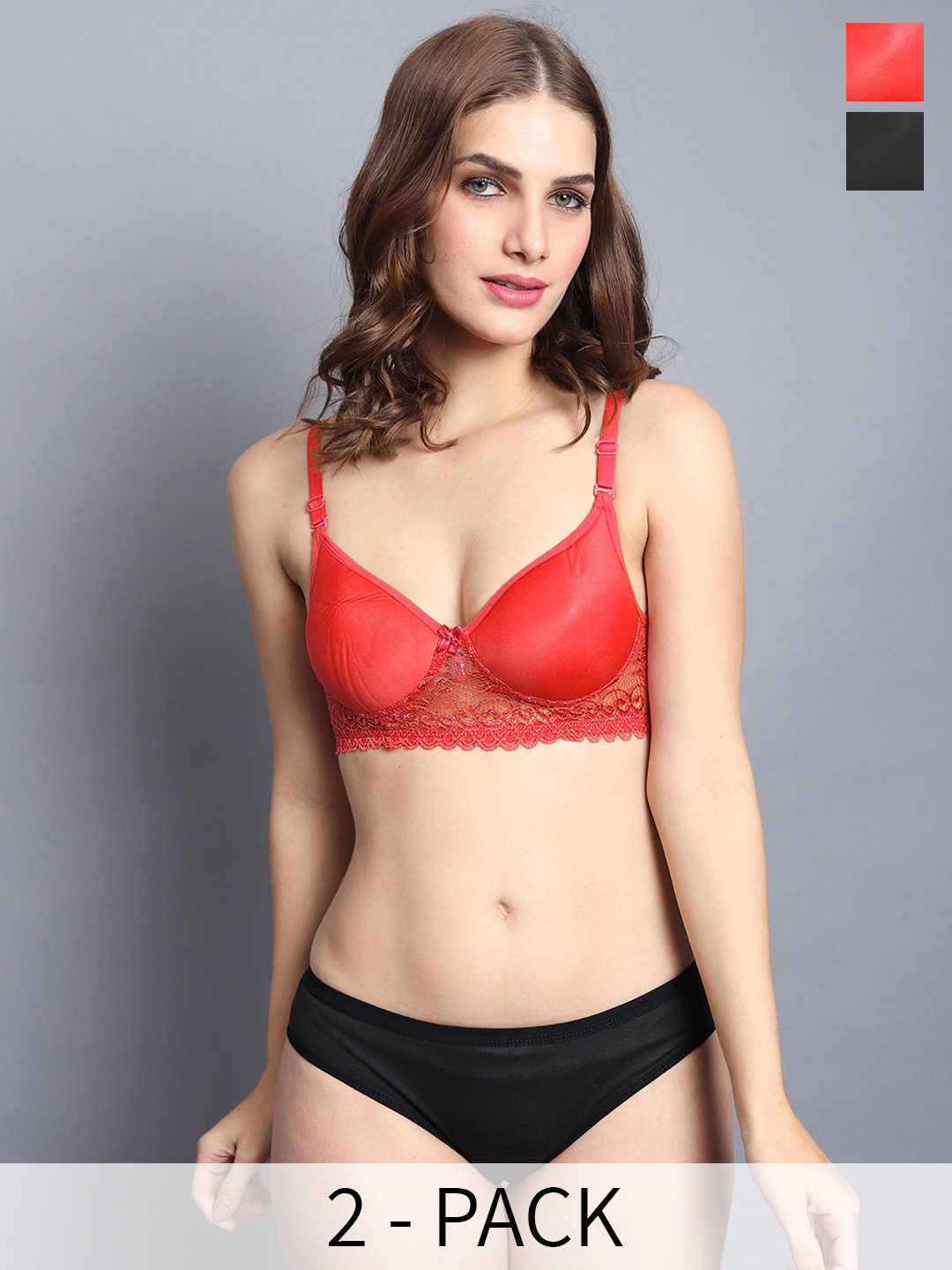 

AROUSY Pack Of 2 Lightly Padded Breathable Lace Cotton Lingerie Sets, Red