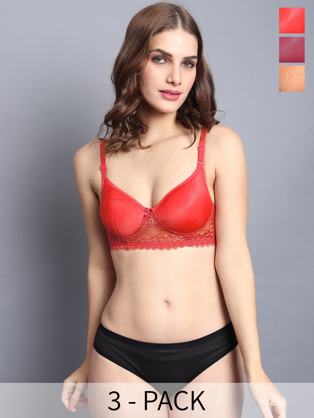 AROUSY Pack Of 3 Lightly Padded Lace Cotton Lingerie Sets, Red