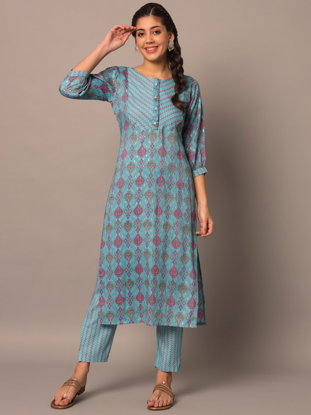 

Meeranshi Round Neck Ethnic Motifs Printed Yoke Design Straight Kurta with Trouser, Blue