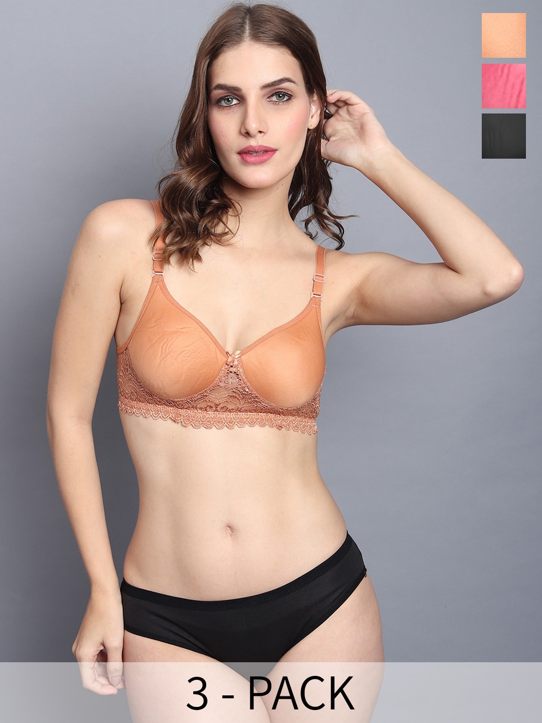 

In-Curve Pack Of 3 Lace Self Design Cotton Lingerie Set, Black