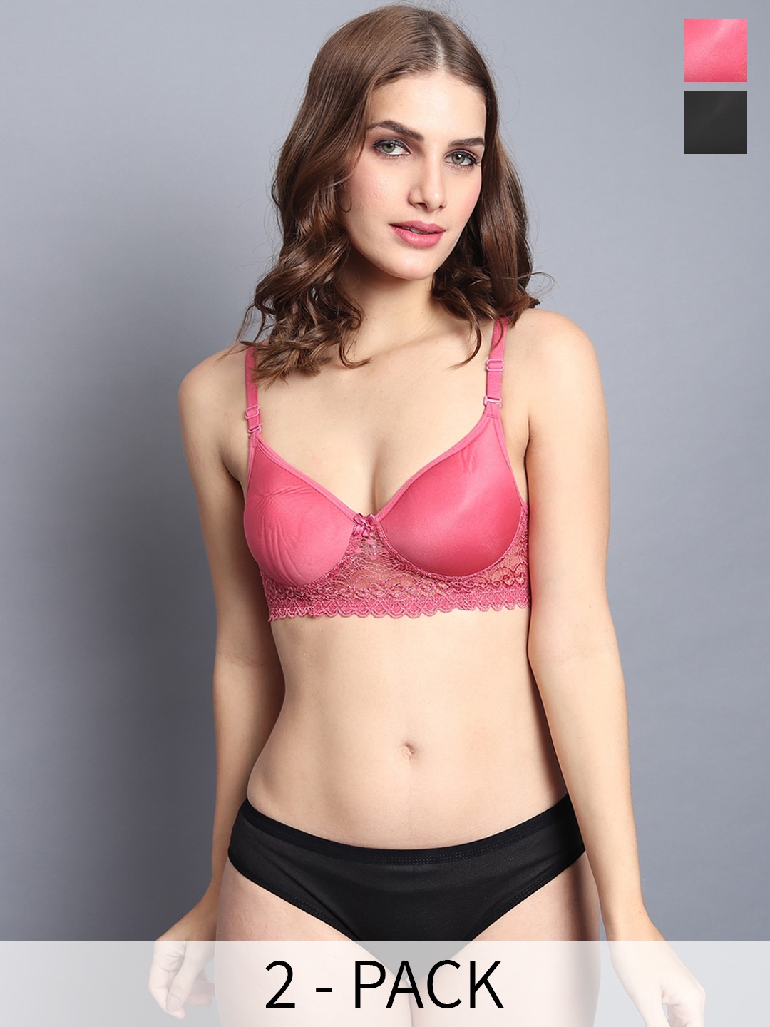 In-Curve Pack Of 2 Lightly-Padded Breathable Cotton Lingerie Set, Black