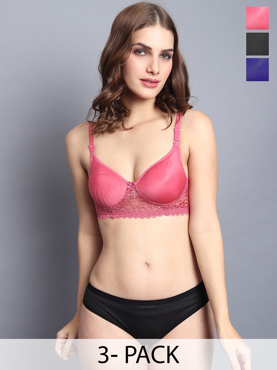 In-Curve Pack Of 3 Cotton Lace Lightly Padded Lingerie Set, Blue