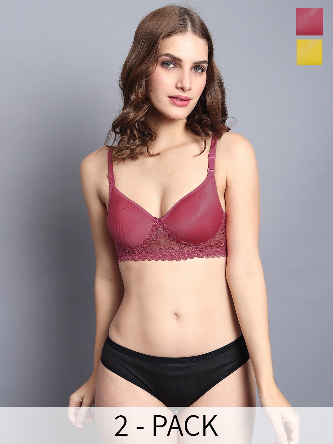 

In-Curve Pack Of 2 Cotton Lace Lightly Padded Lingerie Set, Maroon