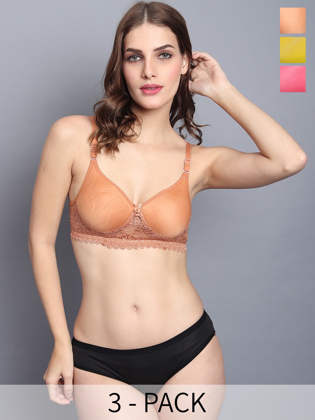 In-Curve Pack Of 3 Mid-Rise Cotton Bra & Panty Lingerie Set, Pink