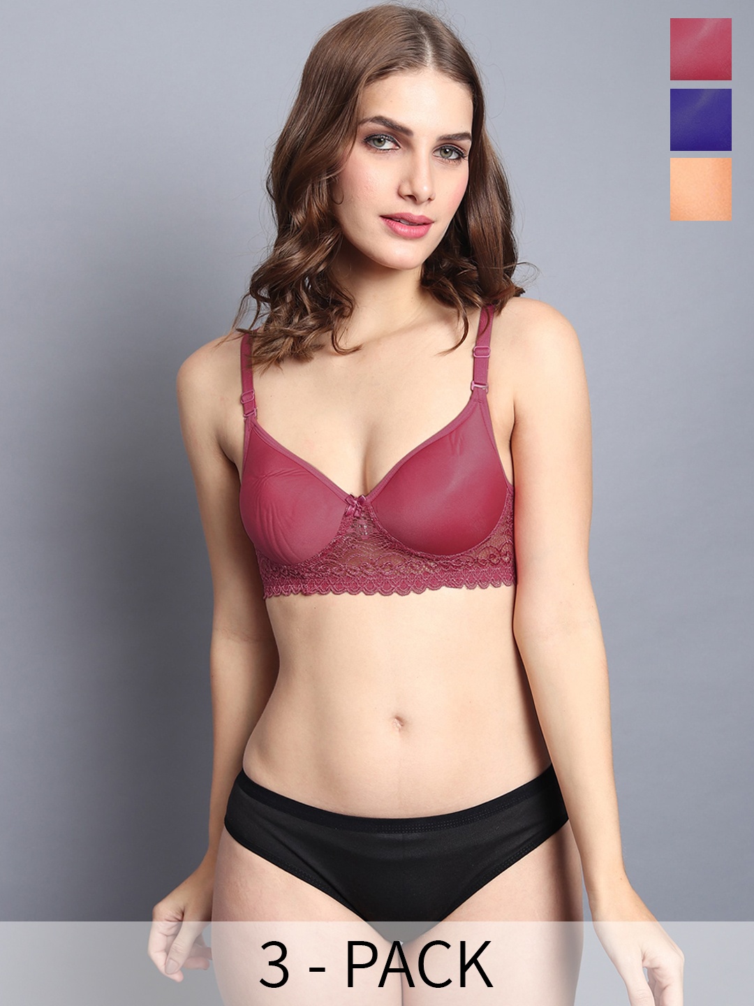 

In-Curve Pack Of 3 Cotton Breathable Bra Panty Lingerie Set, Maroon