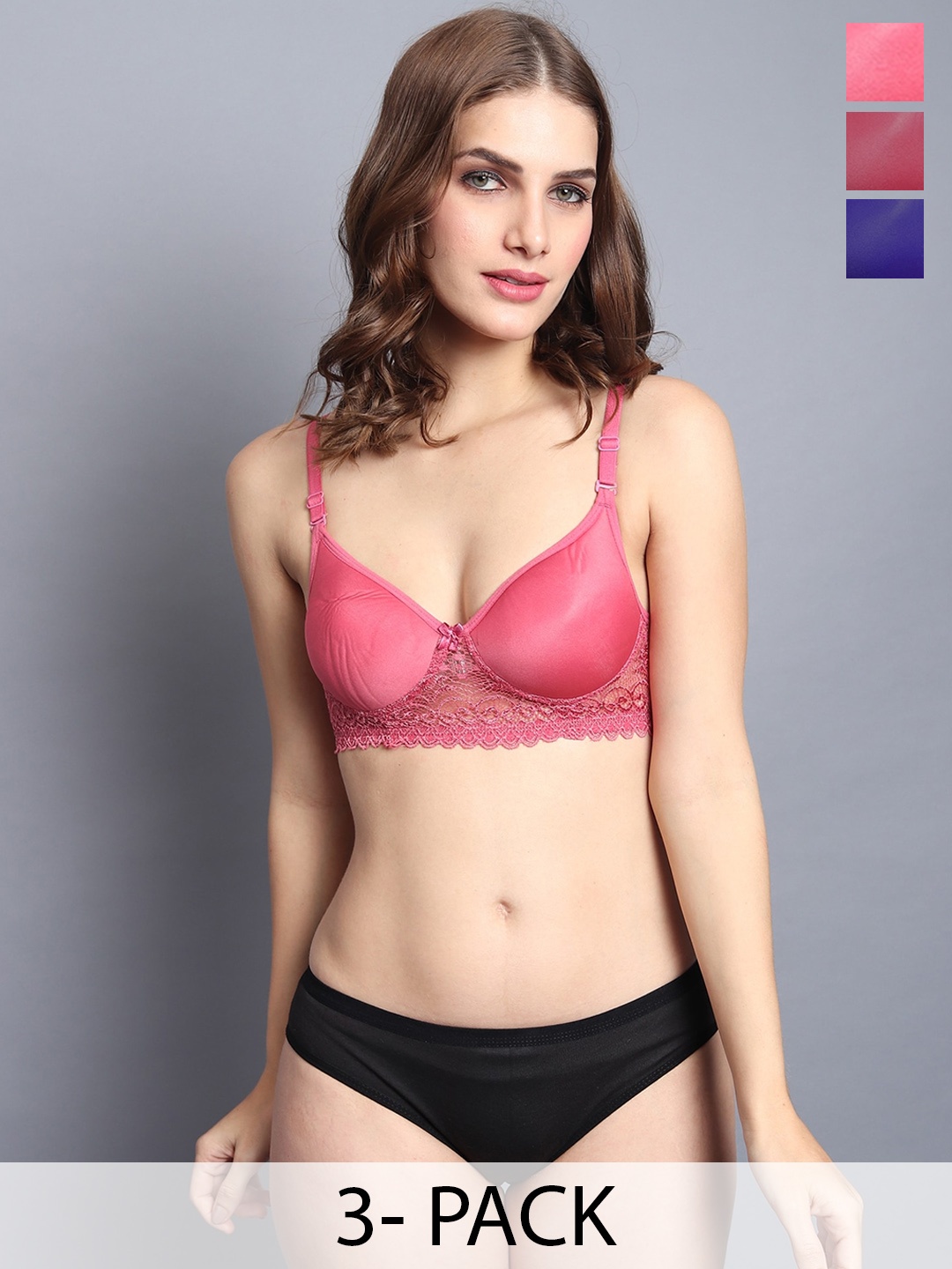 

In-Curve Pack Of 3 Breathable Cotton Lace Lightly Padded Lingerie Set, Maroon