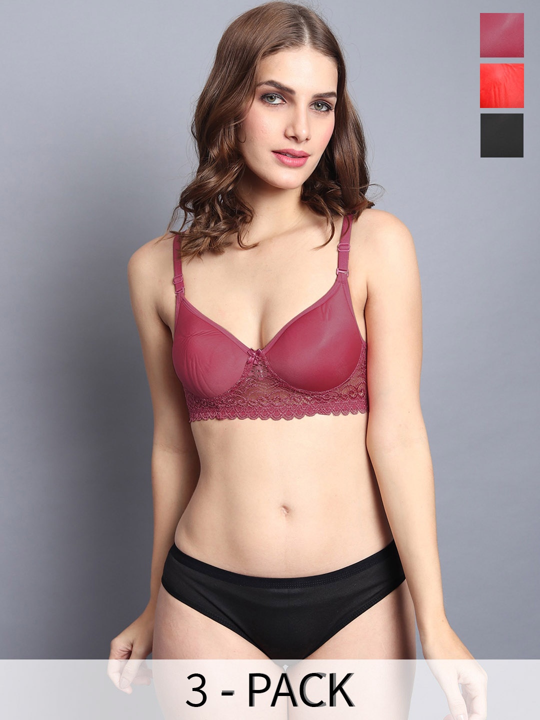 

Aamarsh Pack Of 3 Self Design Cotton Lingerie Set, Red