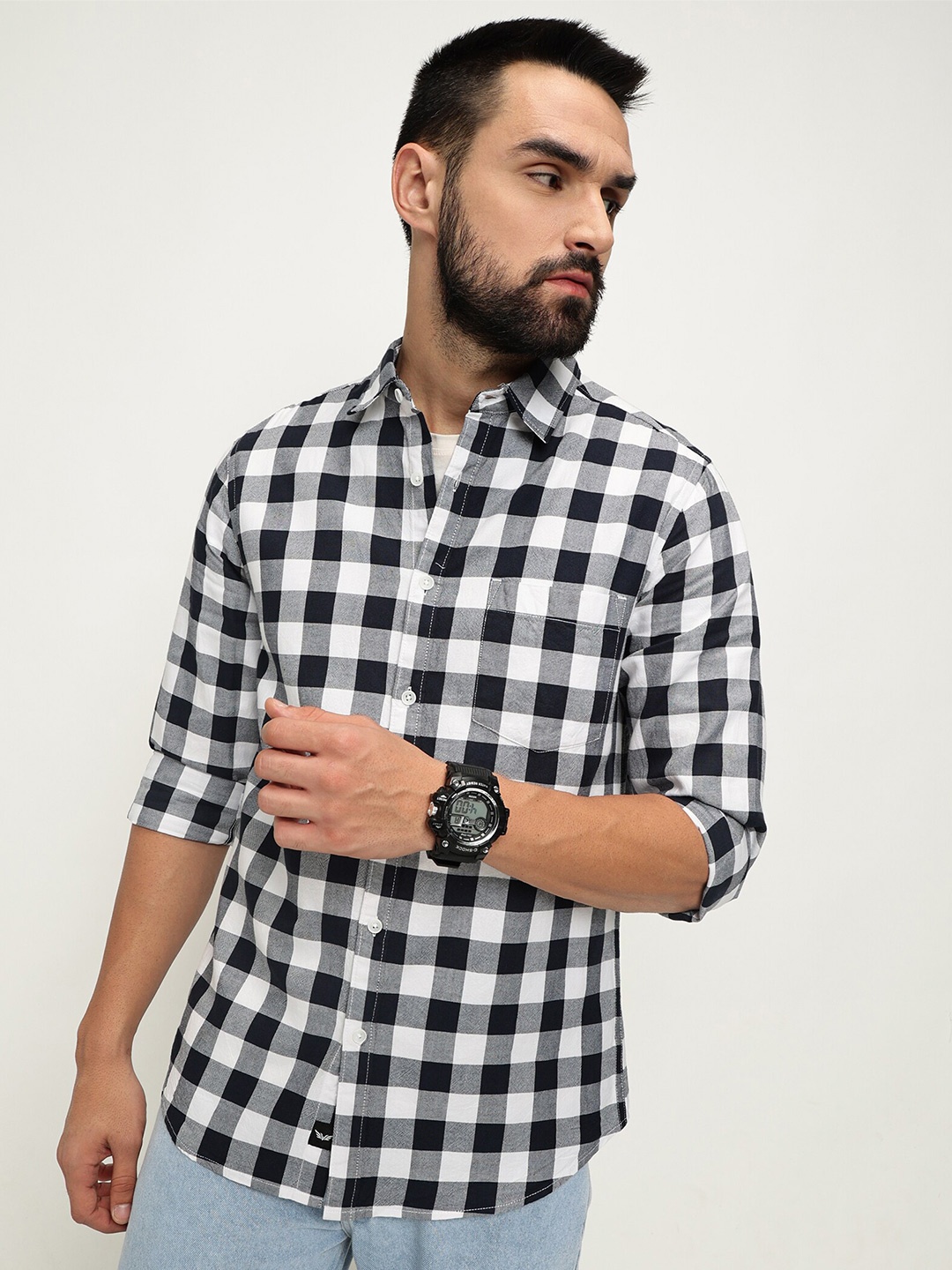 

VALEN CLUB Slim Fit Buffalo Checks Cotton Checked Casual Shirt, Navy blue