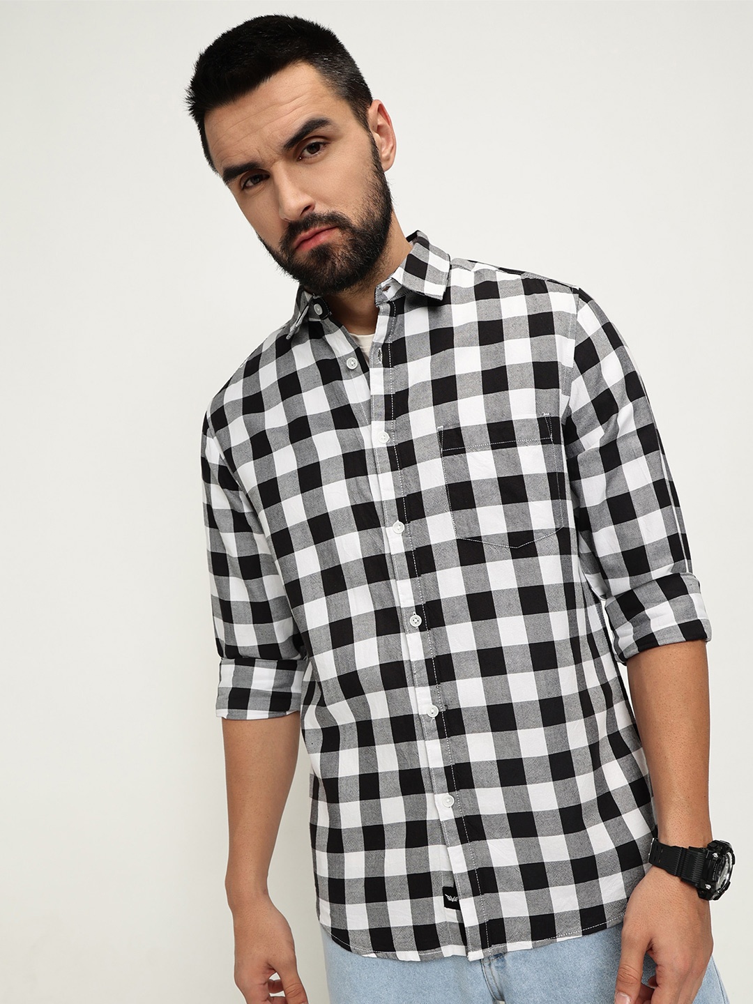 

VALEN CLUB Slim Fit Buffalo Checks Cotton Checked Casual Shirt, Black