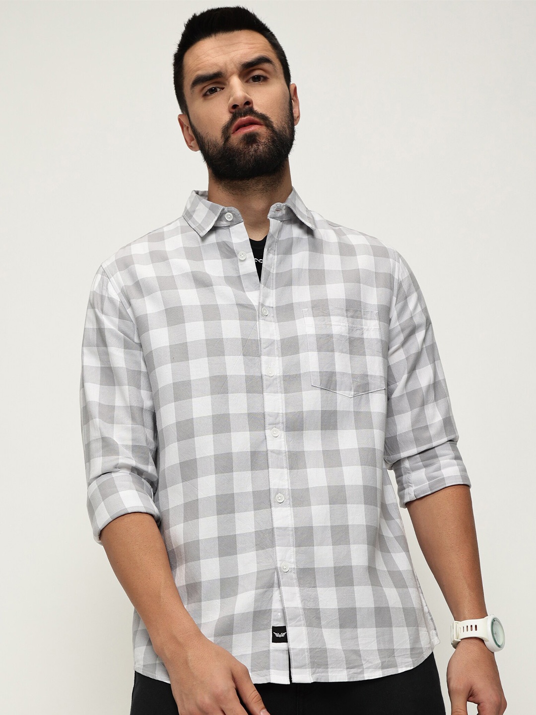 

VALEN CLUB Slim Fit Gingham Checks Cotton Checked Casual Shirt, Grey