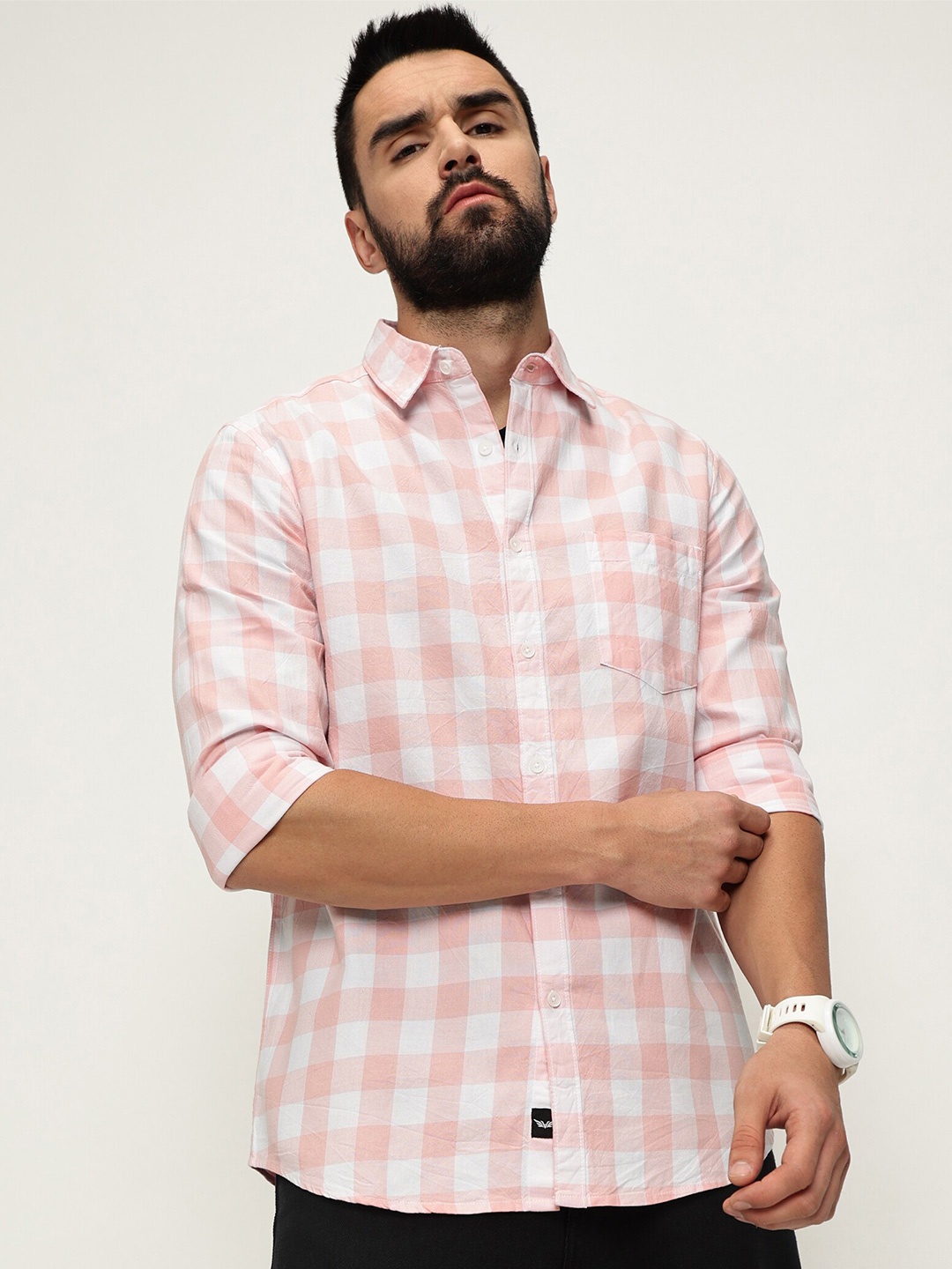 

VALEN CLUB Slim Fit Buffalo Checks Cotton Checked Casual Shirt, Pink