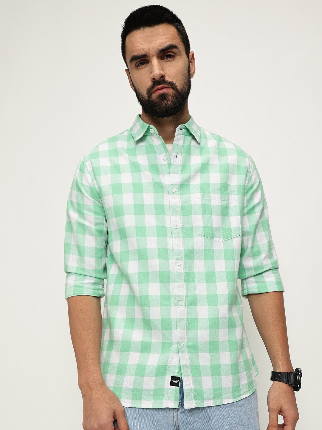 

VALEN CLUB Slim Fit Gingham Checks Cotton Checked Casual Shirt, Green