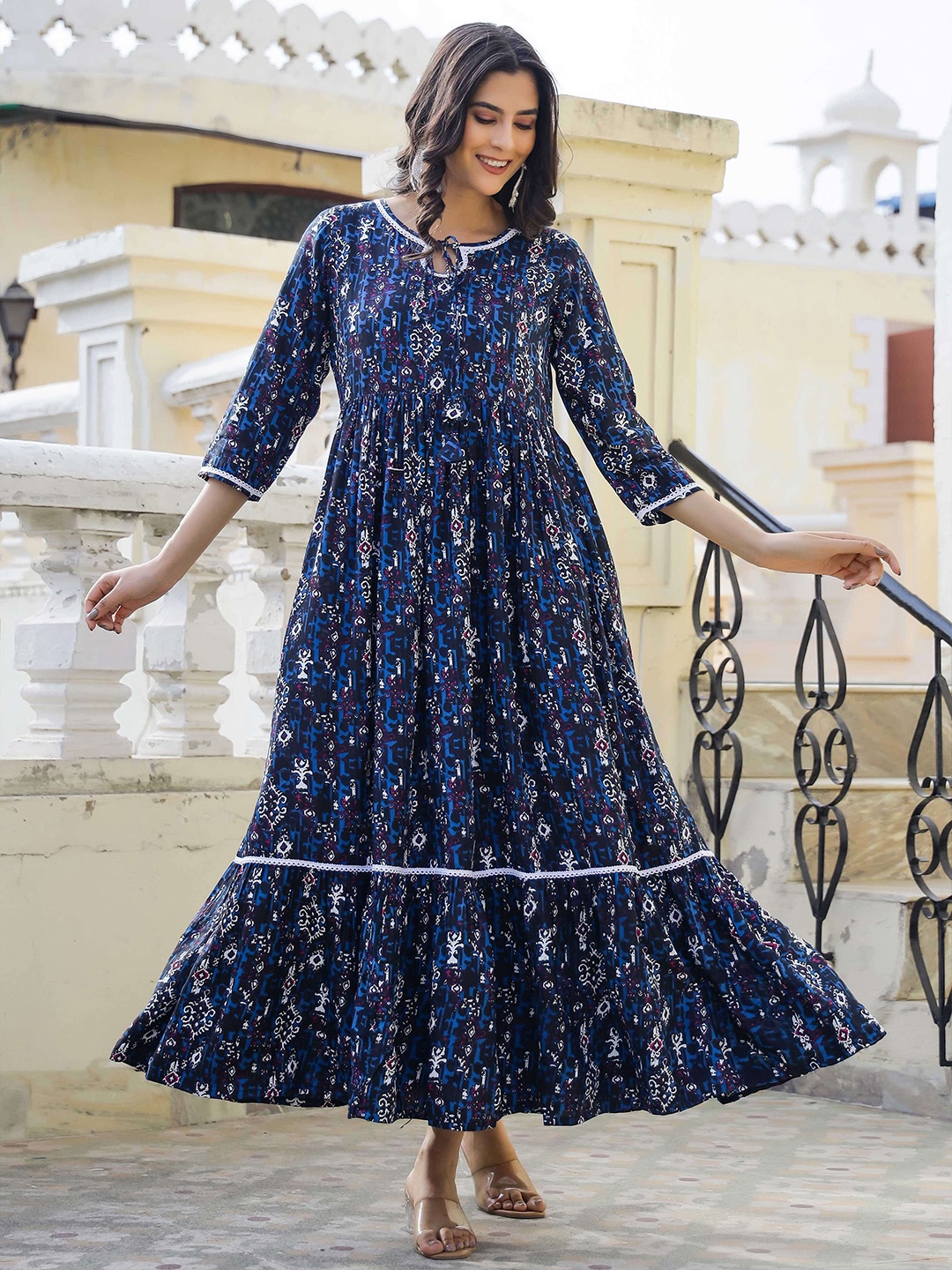 

mokshi Floral Printed Tie-Up Neck Fit & Flare Maxi Dress, Black