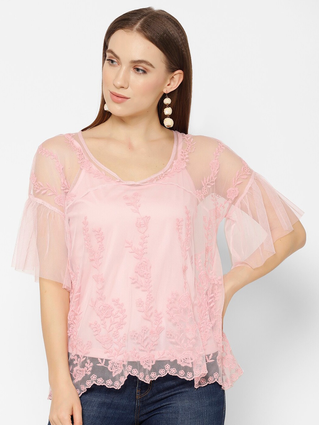 

HOUSE OF KKARMA Floral Embroidered Bell Sleeves Top, Pink