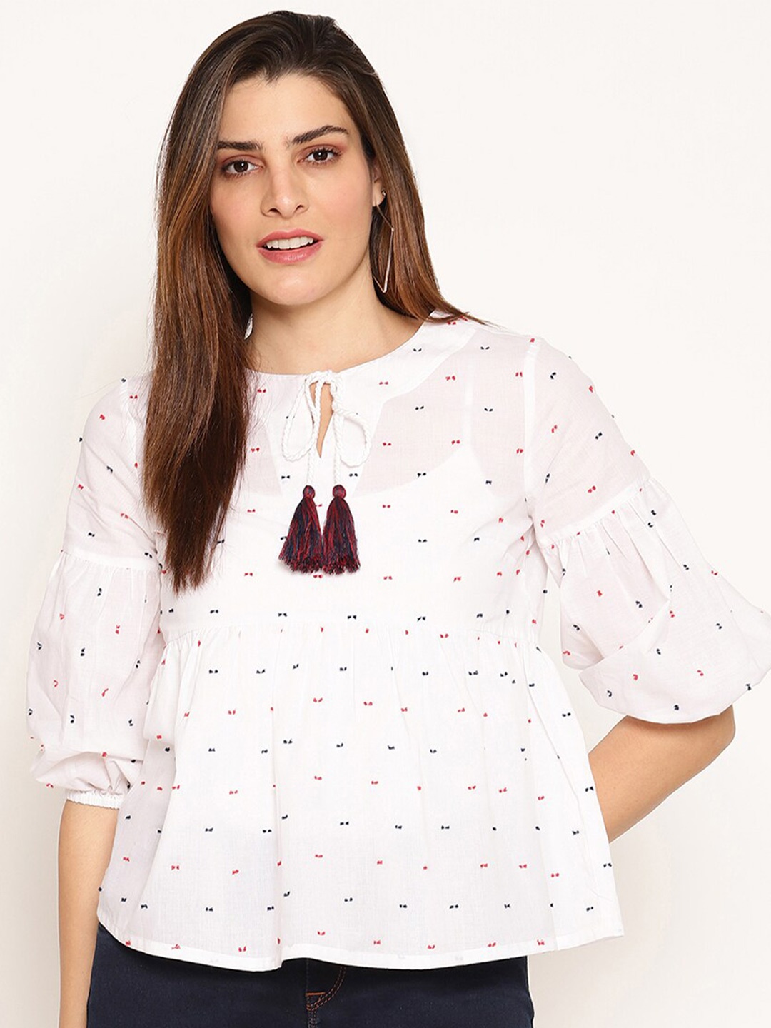 

HOUSE OF KKARMA Abstract Embroidered Tie-Up Neck Bell Sleeve Cotton Peplum Top, White