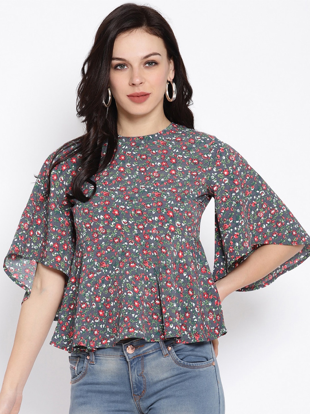 

HOUSE OF KKARMA Floral Printed Flared Sleeves Peplum Top, Grey