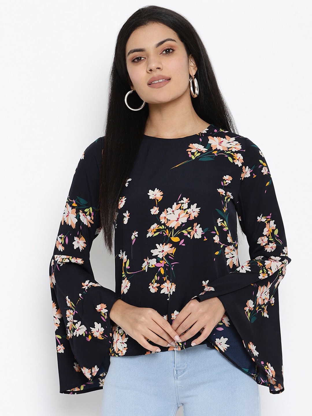 

HOUSE OF KKARMA Floral Printed Bell Sleeves Top, Black