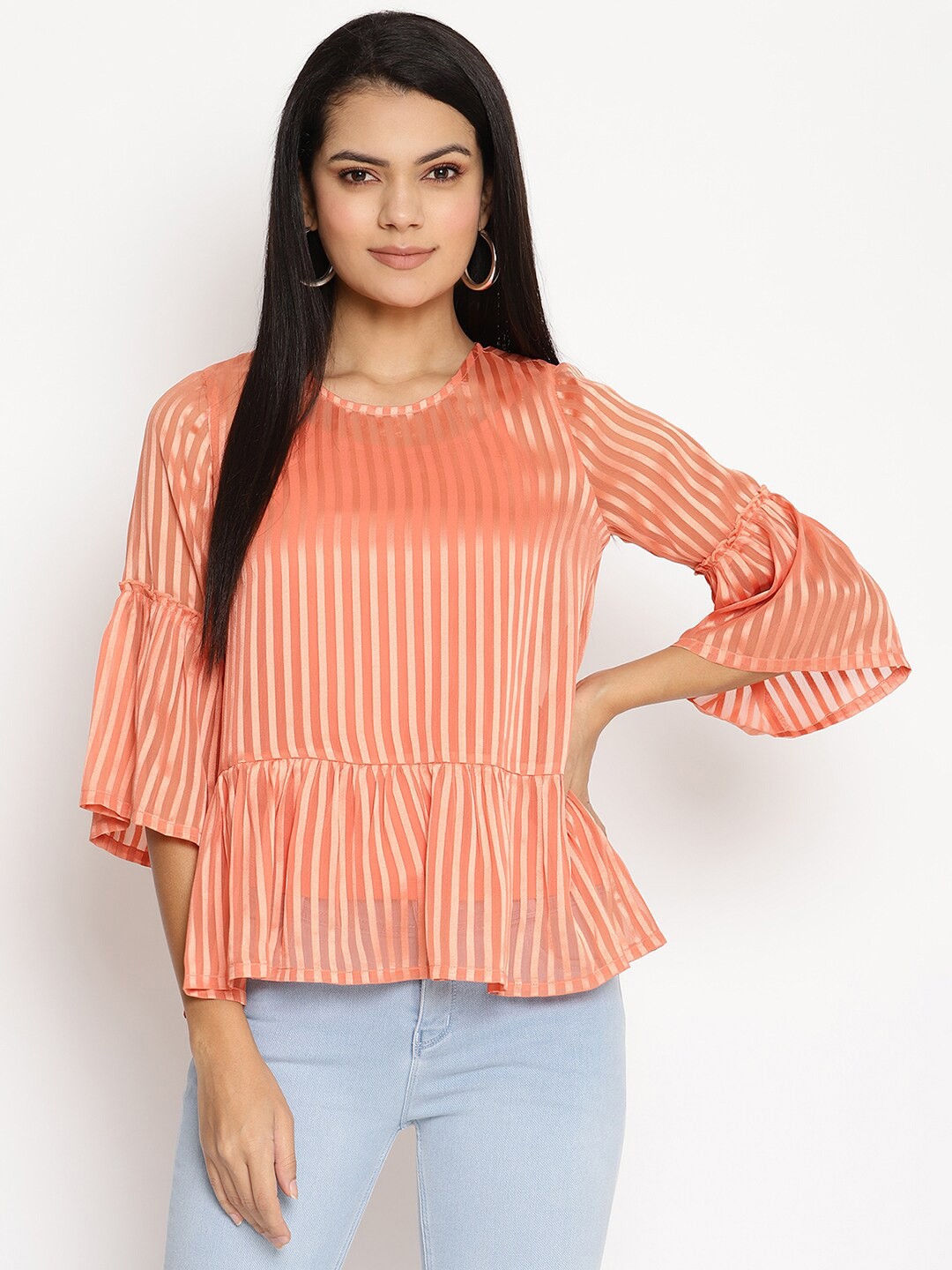 

HOUSE OF KKARMA Striped Bell Sleeves Top, Coral