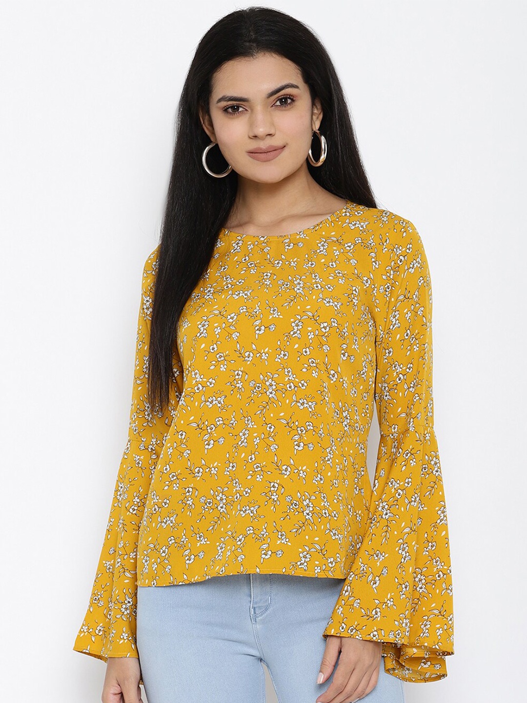 

HOUSE OF KKARMA Floral Printed Bell Sleeve Regular Top, Yellow