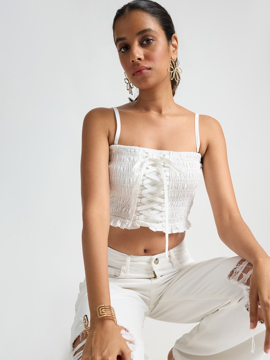 

FREAKINS Shoulder Straps Cotton Crop Top, White