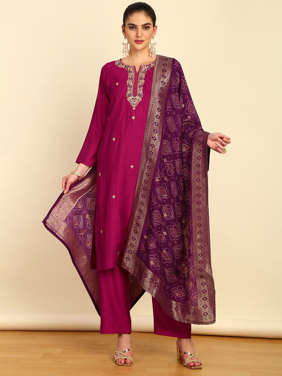 

Soch Embroidered Art Silk Unstitched Dress Material, Pink