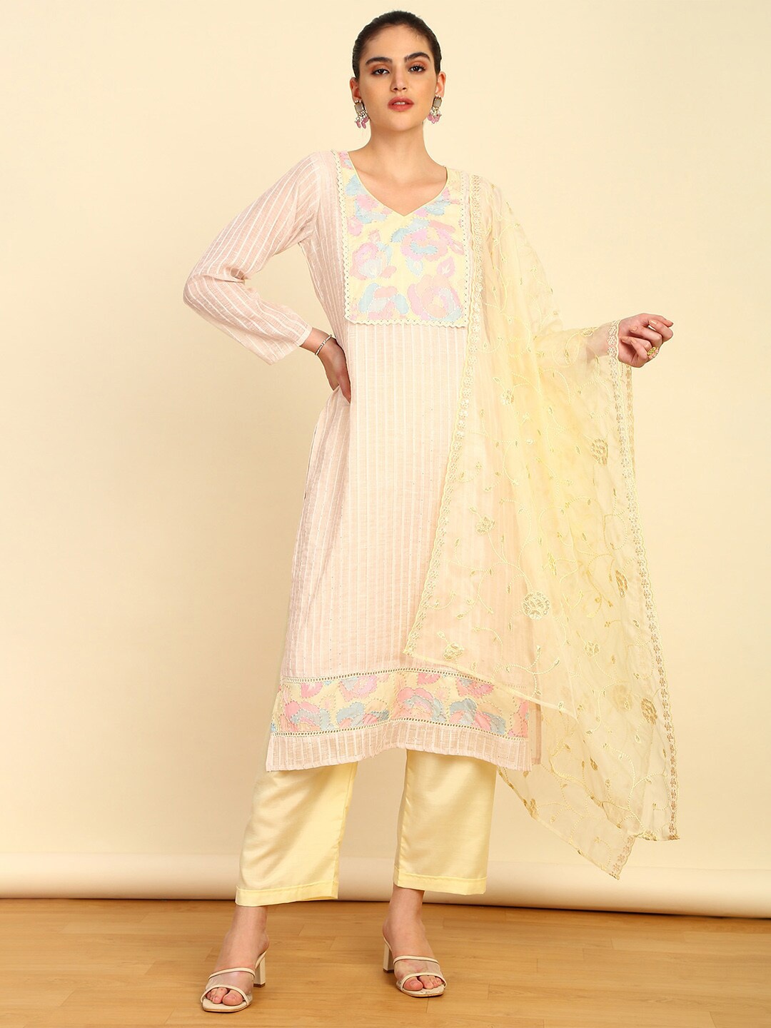 

Soch Striped Printed Sequinned Unstitched Dress Material, Yellow