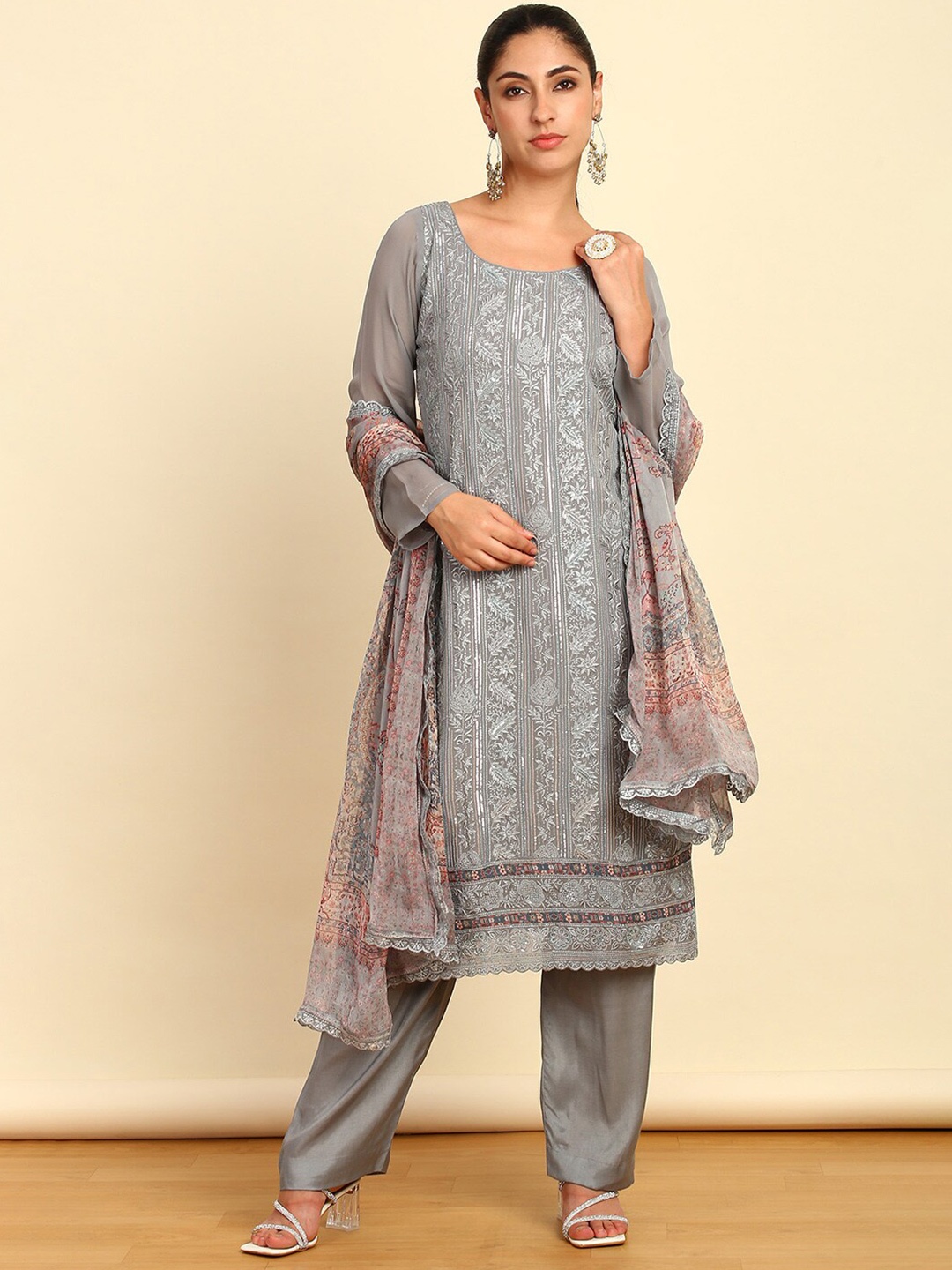 

Soch Floral Embroidered Sequinned Unstitched Dress Material, Grey