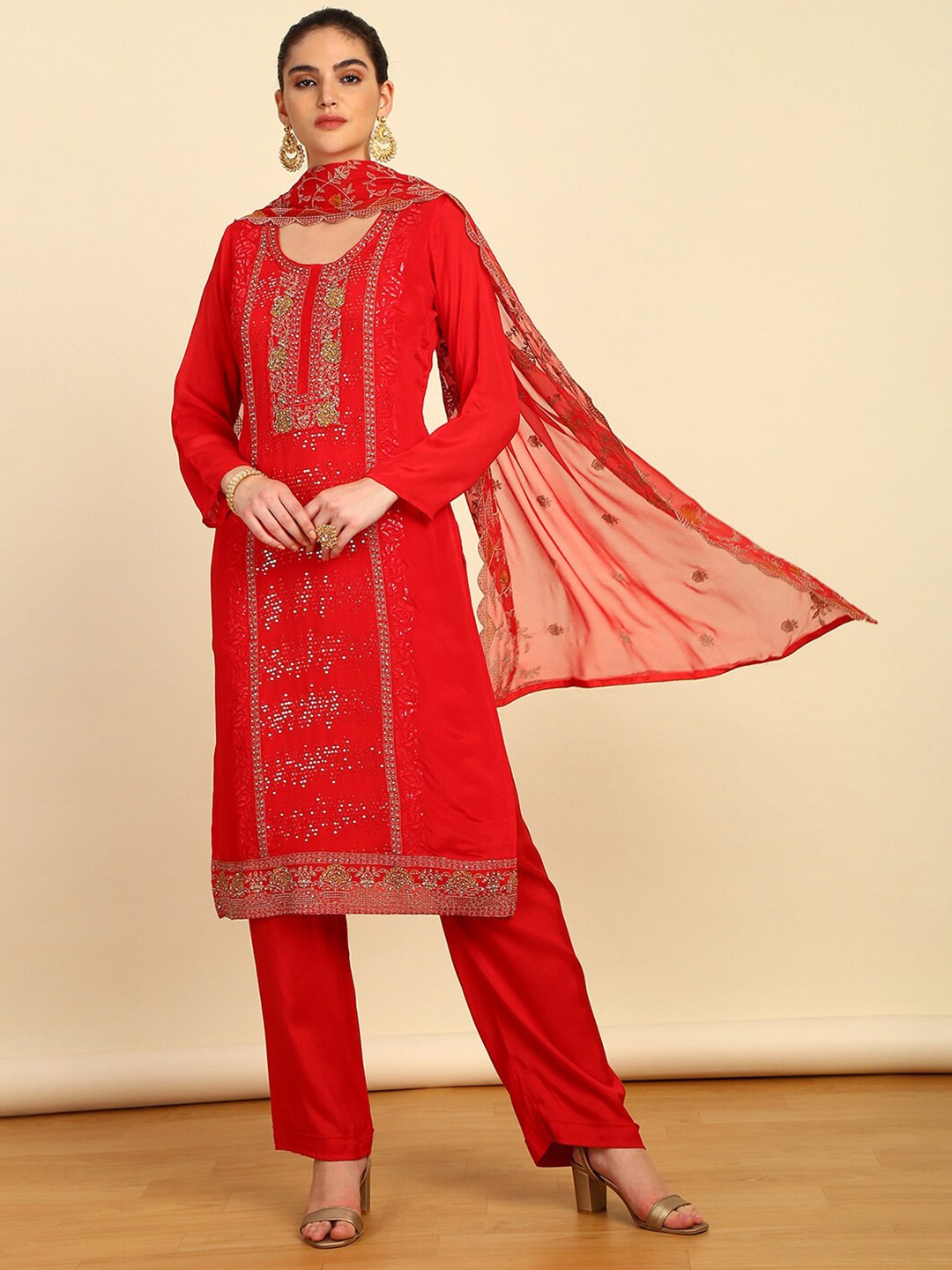 

Soch Embellished Unstitched Dress Material, Red