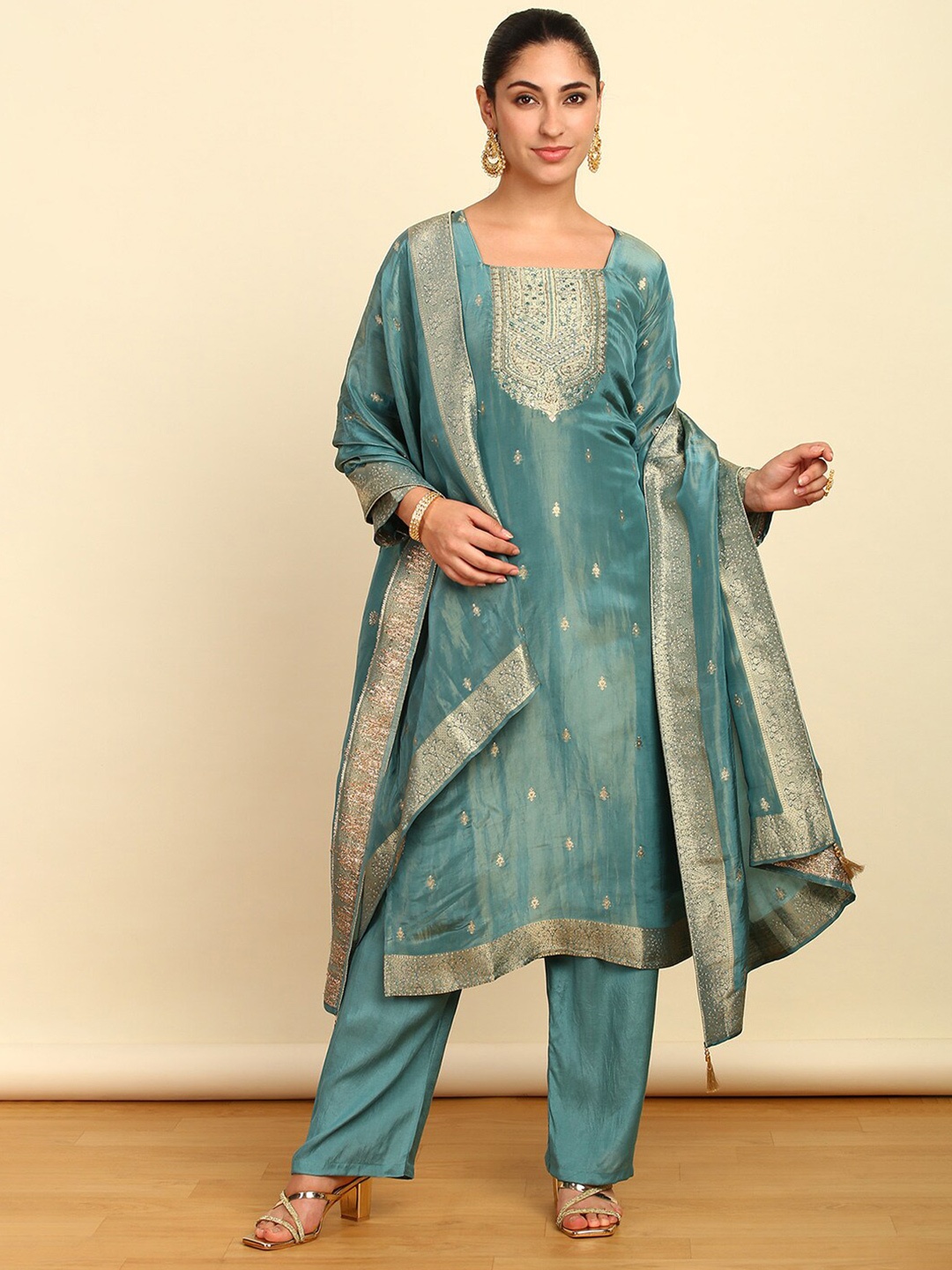 

Soch Unstitched Dress Material, Turquoise blue