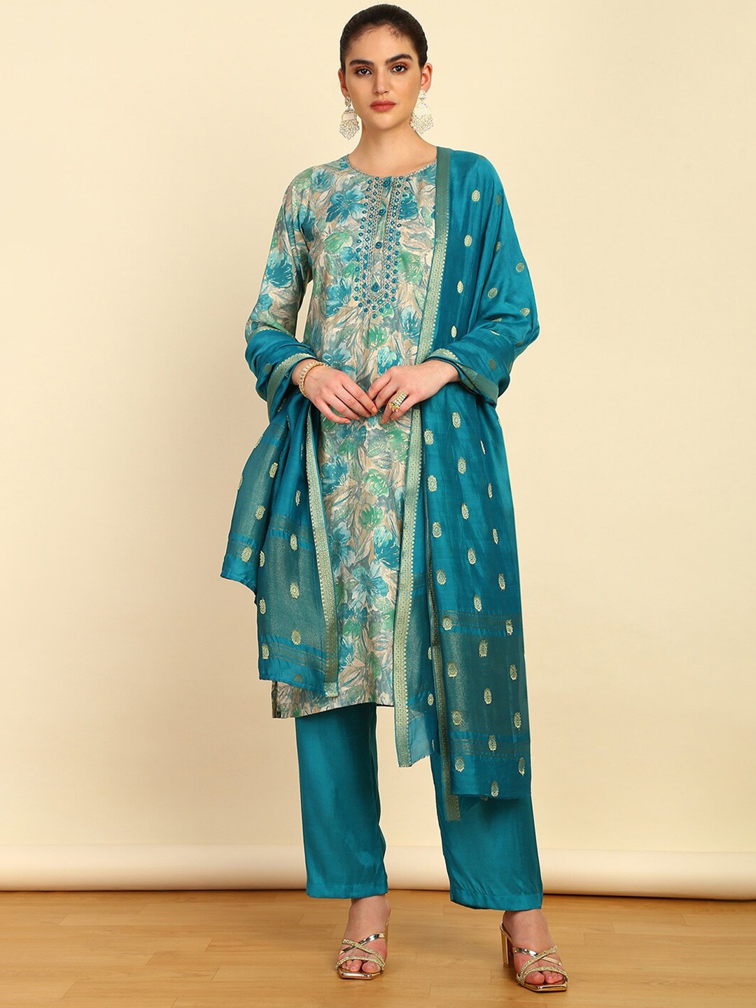 

Soch Printed Unstitched Dress Material, Turquoise blue