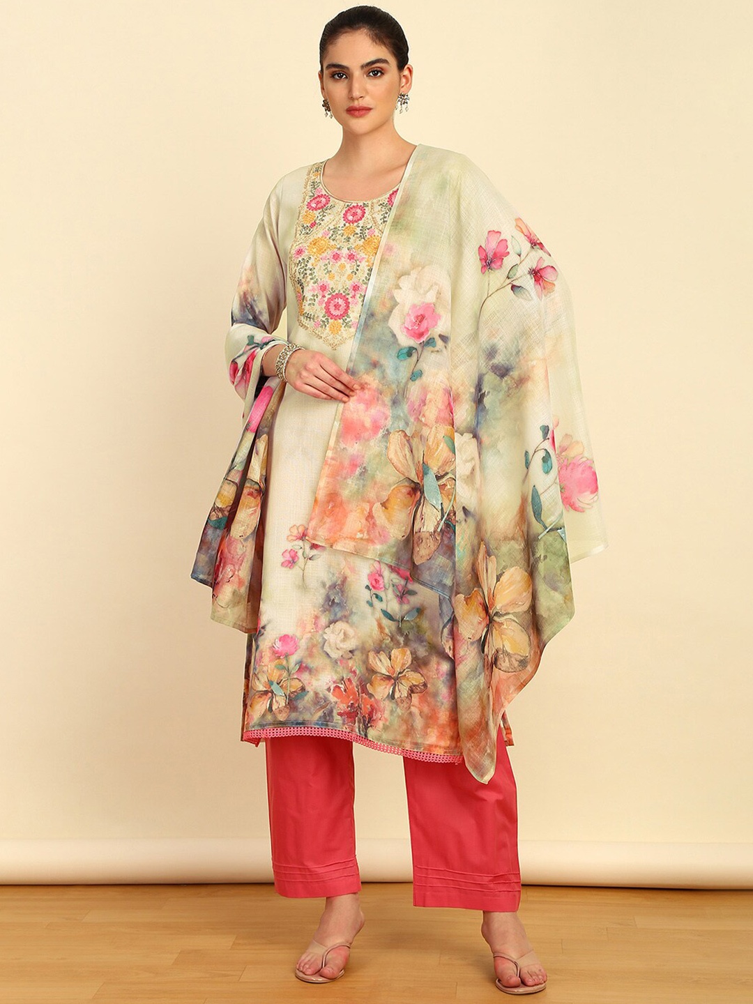 

Soch Printed Linen Unstitched Dress Material, Beige