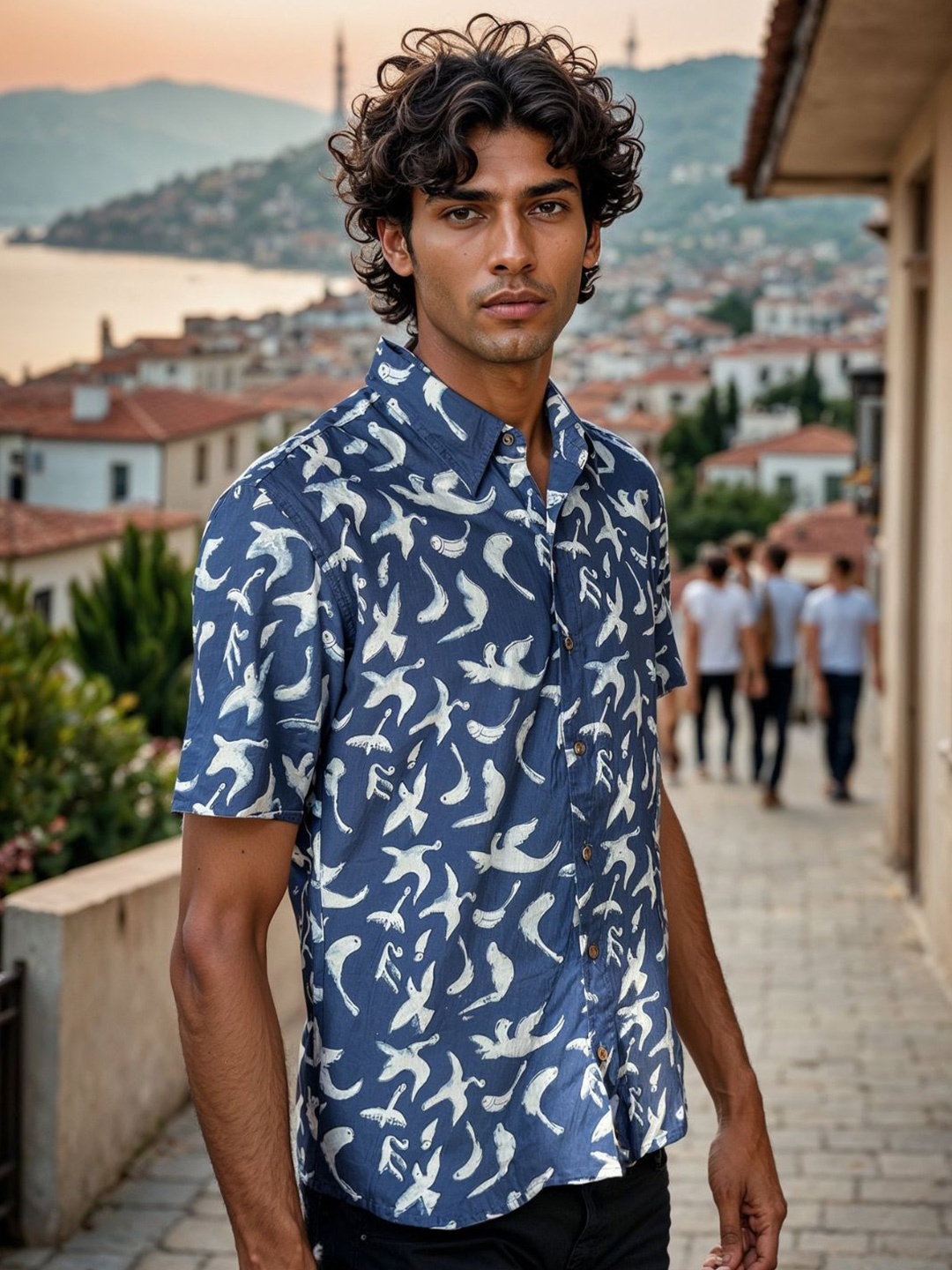 

OKHAI Standard Abstract Printed Spread Collar Cotton Curved Casual Shirt, Blue